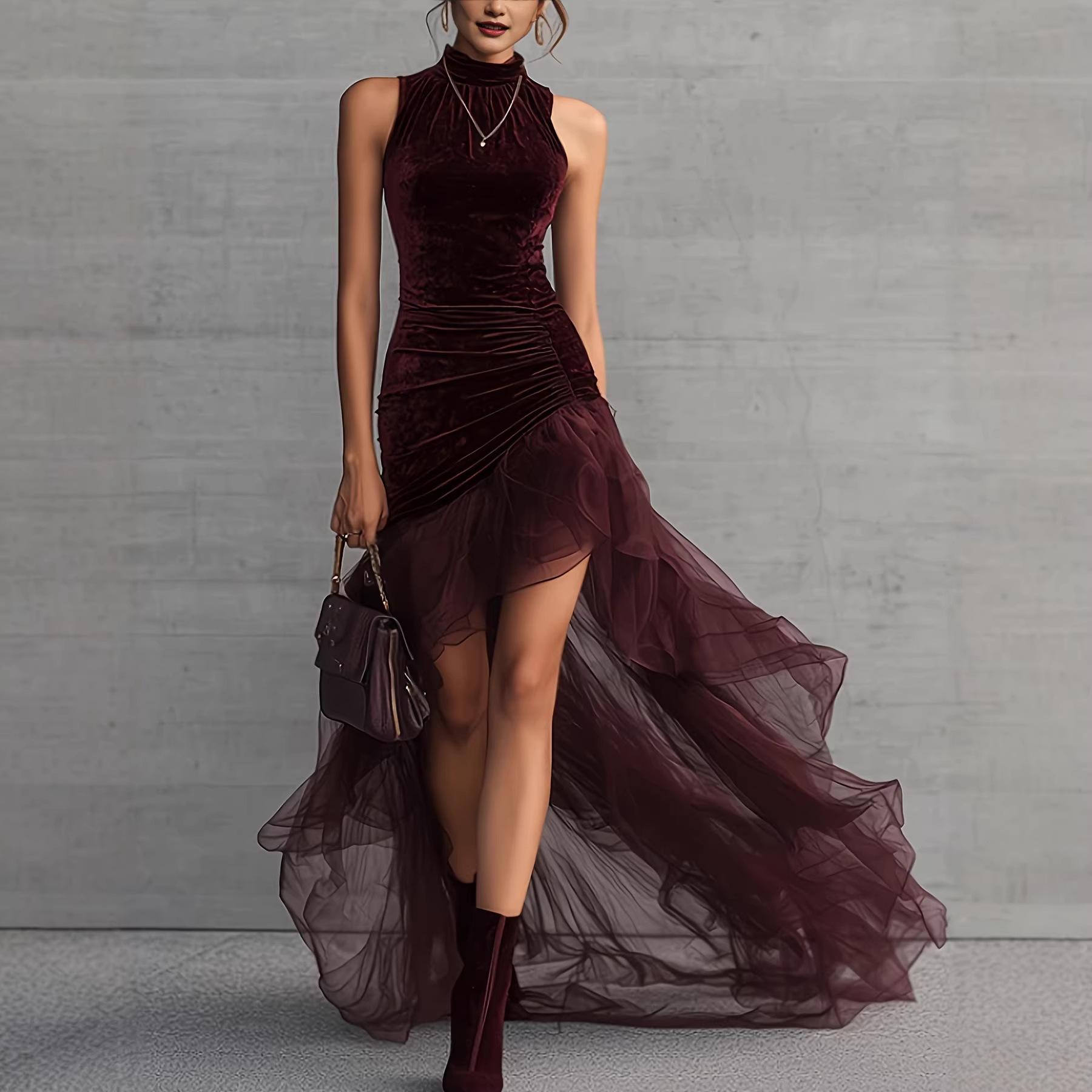 European and American cross-border velvet high-neck sleeveless evening dress, pleated slim-fit irregular hem tulle train dress