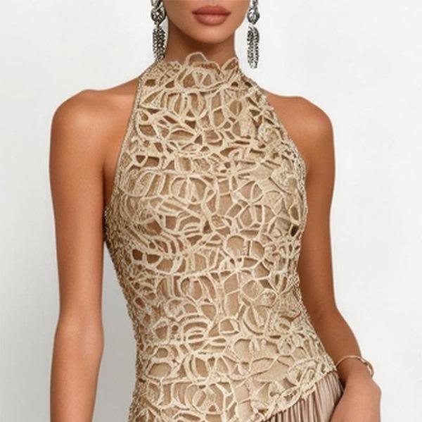 2026 European and American Early Spring High-End Heavy Lace Patchwork Halter Neck Dress Women's Sleeveless Vest Evening Gown Long Dress