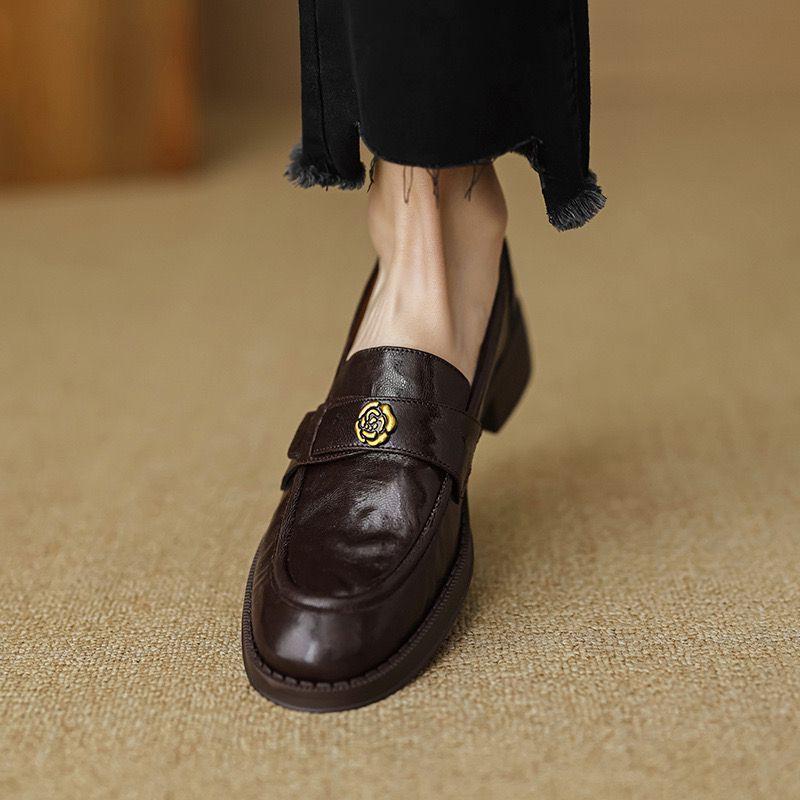 Black Lambskin Camellia Loafers 2025 Spring and Autumn Slip-On Thick-Soled Women's Genuine Leather Loafers