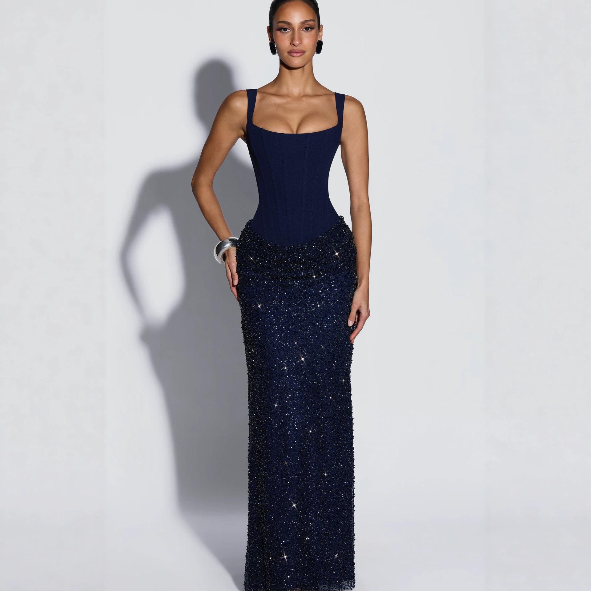Cross-border 2026 new European and American women's elegant square-neck fishbone corset dress with sequins and a fitted silhouette