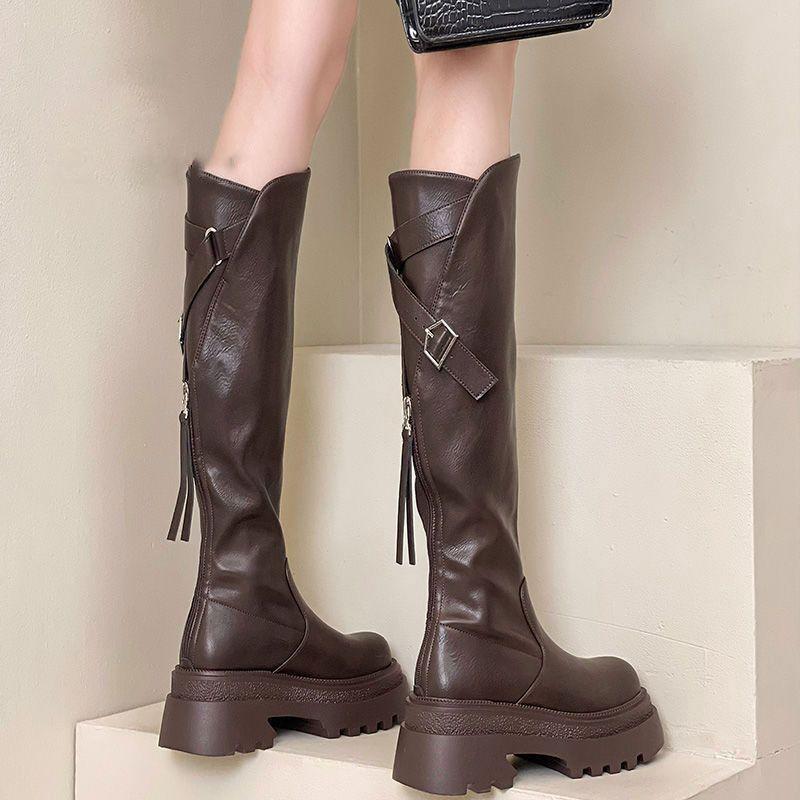 Knights Boots Thick Bottom 2024 Autumn and Winter New Rear Zipper High Barrel But Knee Small Stretch Long Boots Children