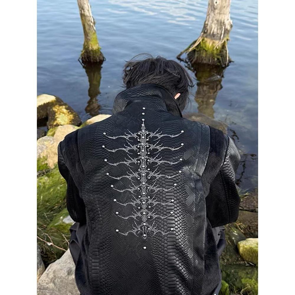 Cleanht Snake Pupil Spine Pu Leather Jacket Men's Spring American High Street Short Niche Snake Print Splicing Jacket