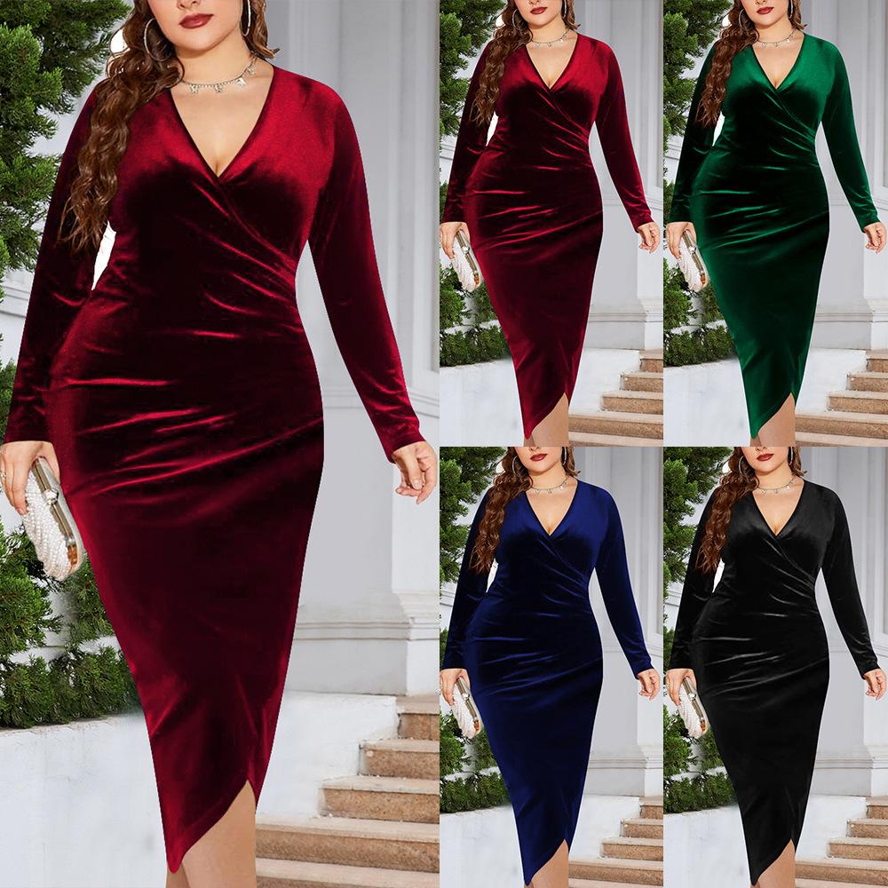 European and American Cross-border plus size Women's Long-sleeved Velvet dress Sexy Pleated Wrap Deep V-neck Dress for Women