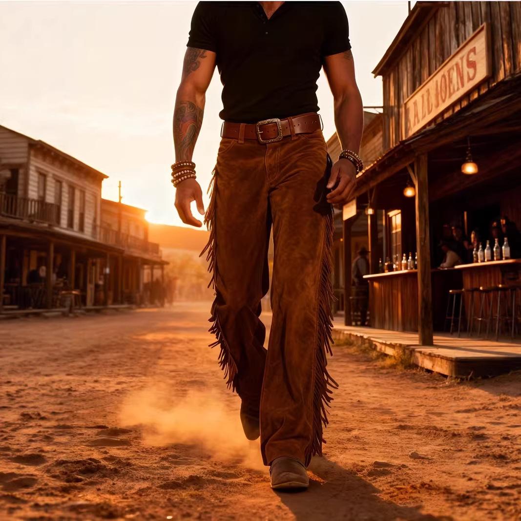 2026 European and American Amazon Cross-Border Men's Retro Western Cowboy Popular Suede Fringe Wide-Leg Pants