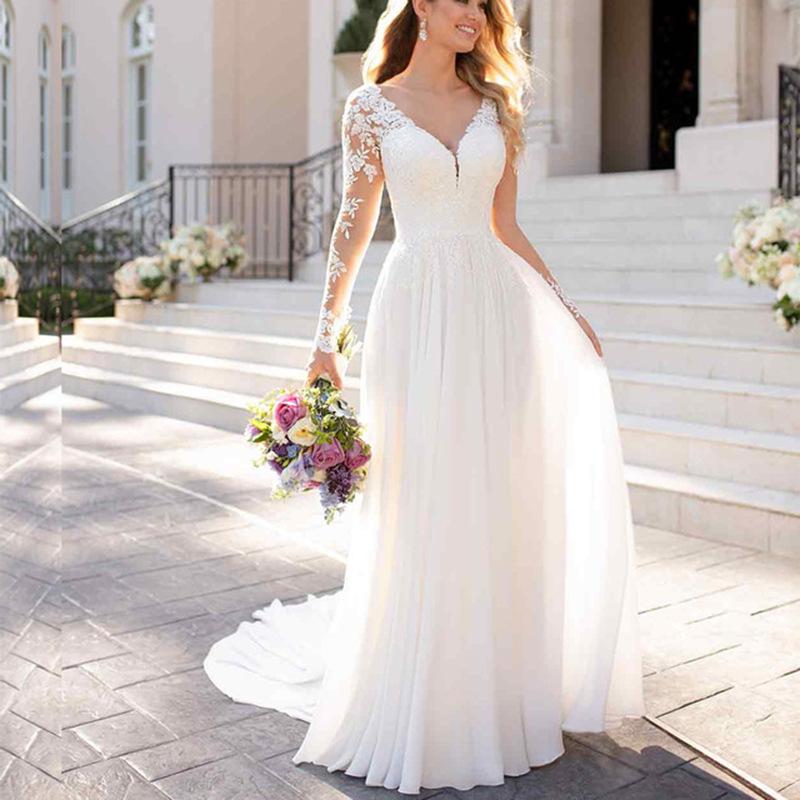 Foreign Trade Wedding Dress, Light Luxury New Style, Summer Hot-Selling Lace French Appliqué Deep V-Neck Transparent Long-Sleeve Main Wedding Gown