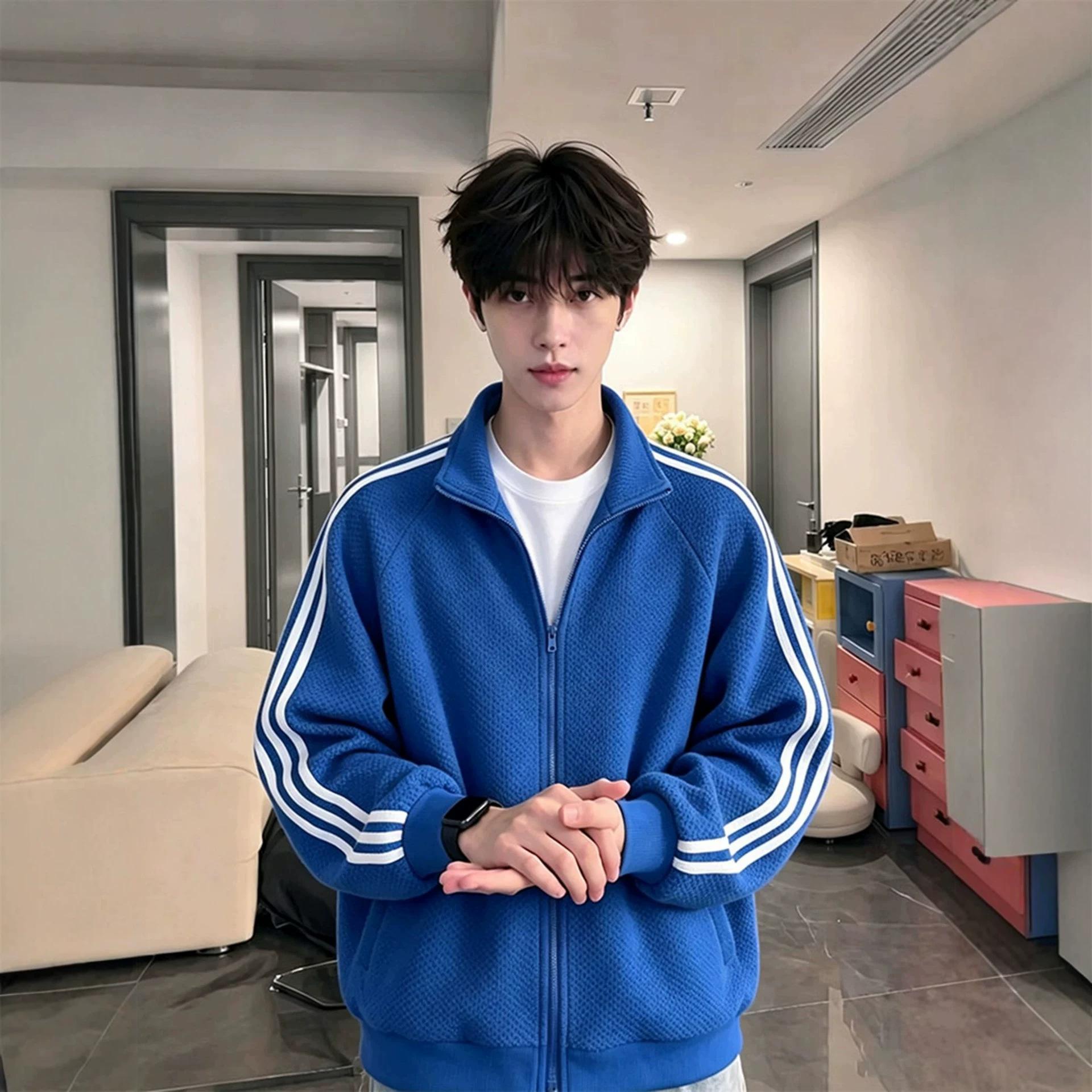 Klein Blue Dragon Scale Striped Three-Bar Jacket for Men, Autumn Stand-Up Collar Cardigan Sweatshirt, American Style Short Sports Jacket