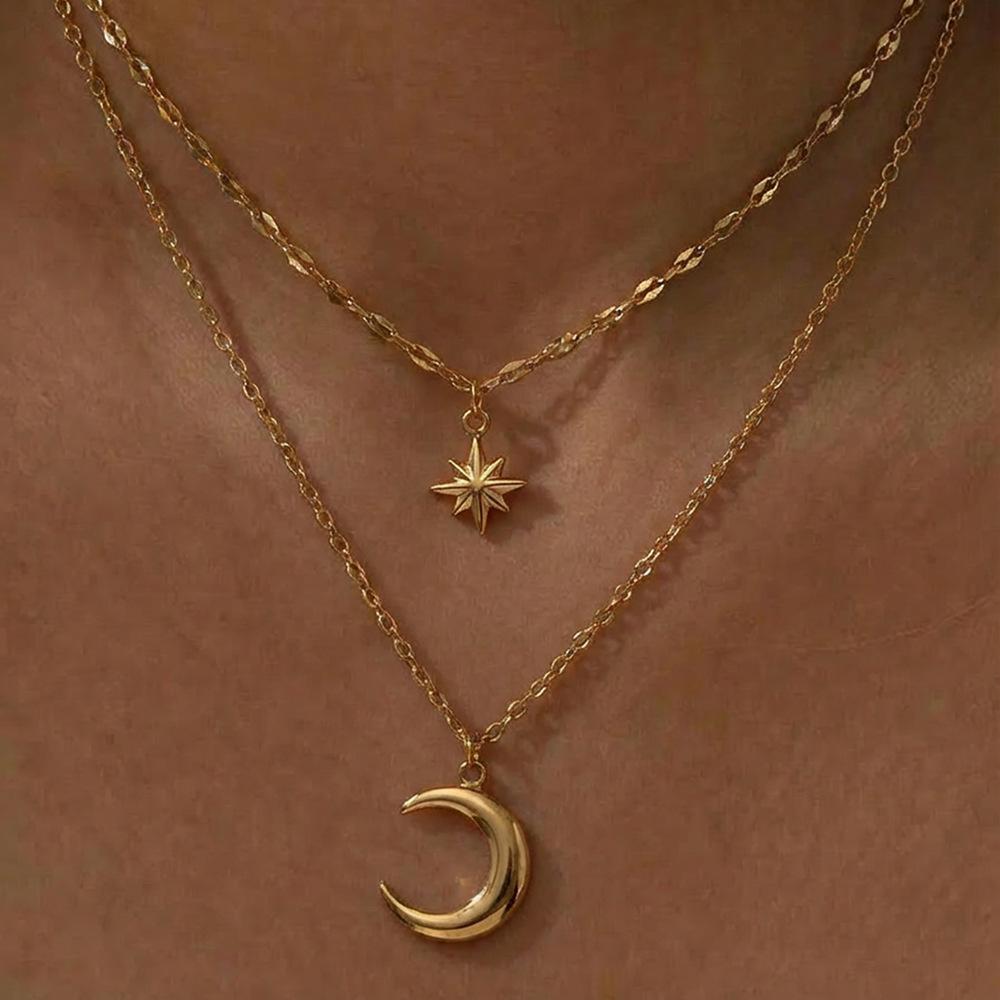 Stainless Steel Eight-Pointed Star Moon Pendant Double-Layer Necklace for Women, Light Luxury Niche Design, Stackable Clavicle Chain Jewelry