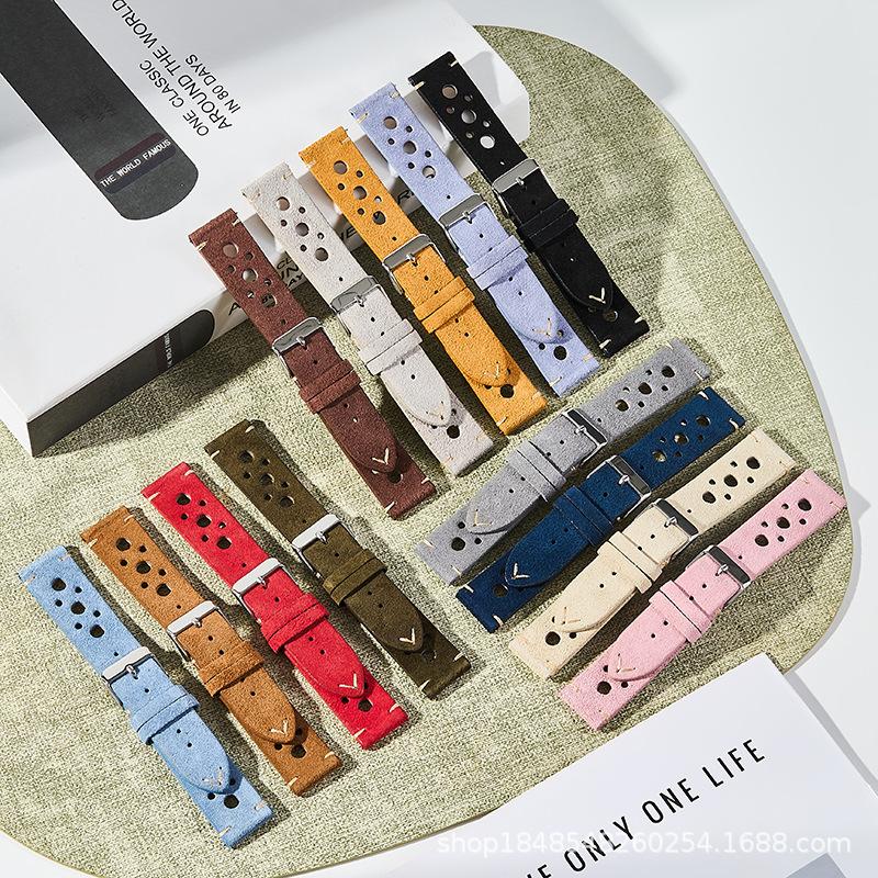 High-end soft top-grain suede leather strap suitable for Huawei Watch GT and Samsung, multi-hole breathable quick-release