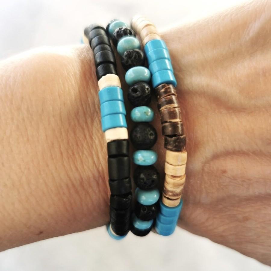 Handmade Beaded Volcanic Stone Turquoise Bracelet for Men, Retro Multi-Layered Elastic Stacked Wooden Beads, Coconut Shell Bracelet That Does Not Fade