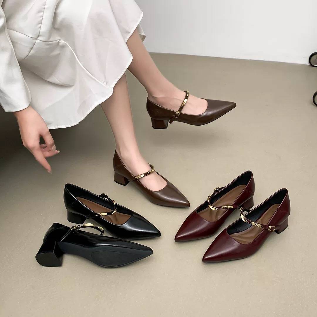 French Retro-Style Brown High-Heeled Shoes for Women with Chunky Heels That Are Comfortable, Featuring Small Gold Buckle Straps, Mary Jane Square-Toe Soft Leather Shoes