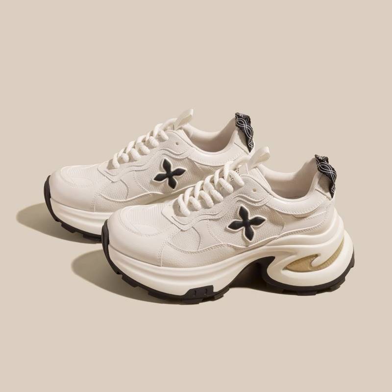 Cowhide Version ~ Genuine Leather Cross Flower Thick-Soled Dad Shoes for Women with Height Increase of 7.5cm Spring and Summer New Running Casual Sports Shoes