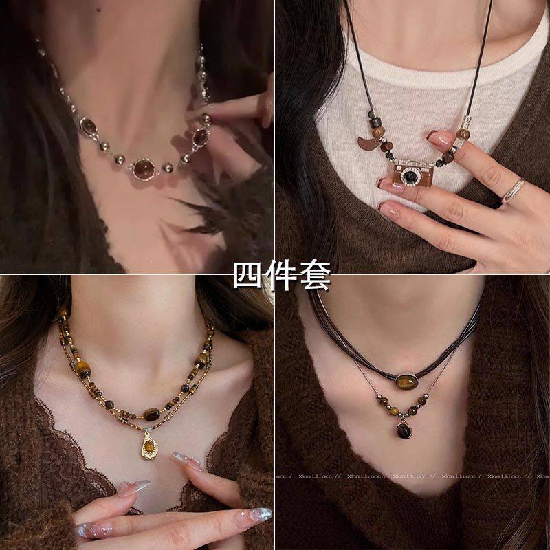 Tiger's eye stone necklace women's 2025 new popular retro overlapping wearing clavicle chain autumn and winter sweater chain small medieval accessories