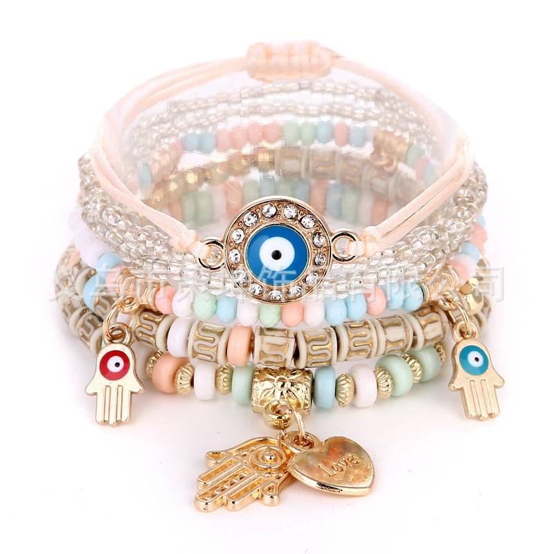 Factory in stock Bohemian Ethnic Style Hot Selling Handmade Beaded Fashion Eyes Rice Beaded Temperament Multi-layer Bracelet