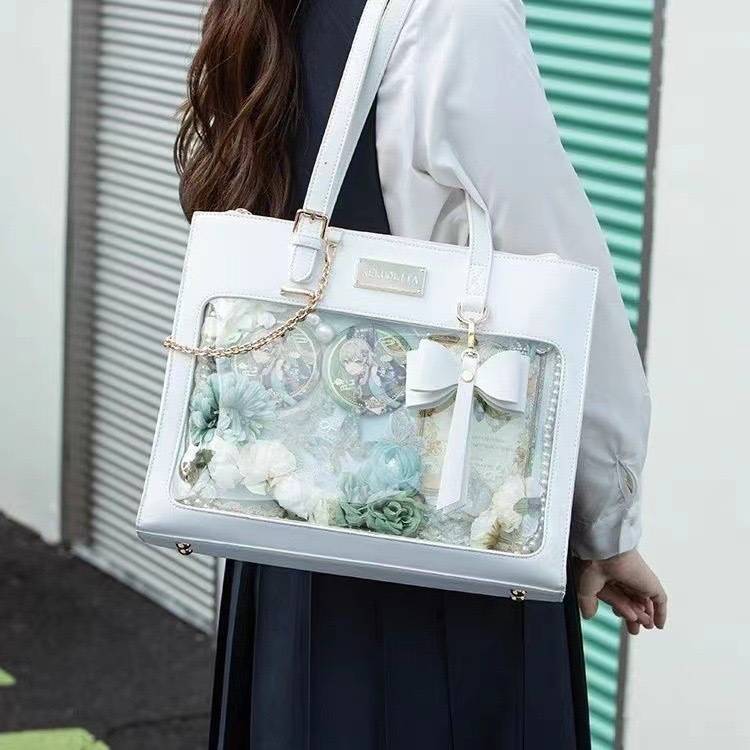 New Japanese Bow Pain Bag Large Capacity Shoulder Tote Bag Girl Versatile Transparent Pain Bag Sweet Handbag