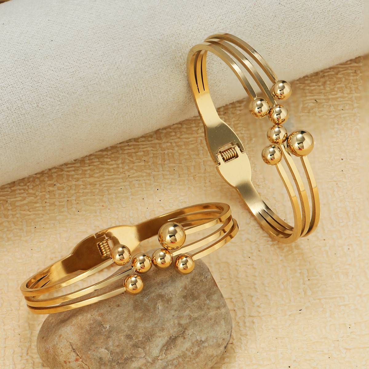 European and American Cross-Border Personalized Gold-Plated Bracelets, Exaggerated Bracelets, Women's Retro Ball Bead Spring Opening Titanium Steel Bracelets