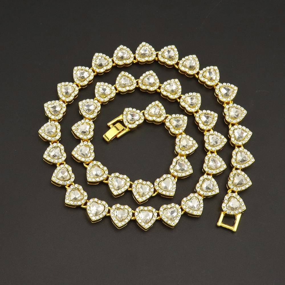 10mm Fashionable Cross-Border Ins-Style Heart-Shaped Chain Necklace, Heart-Shaped Diamond-Studded Cuban Chain, Broken Bone Chain Accessory
