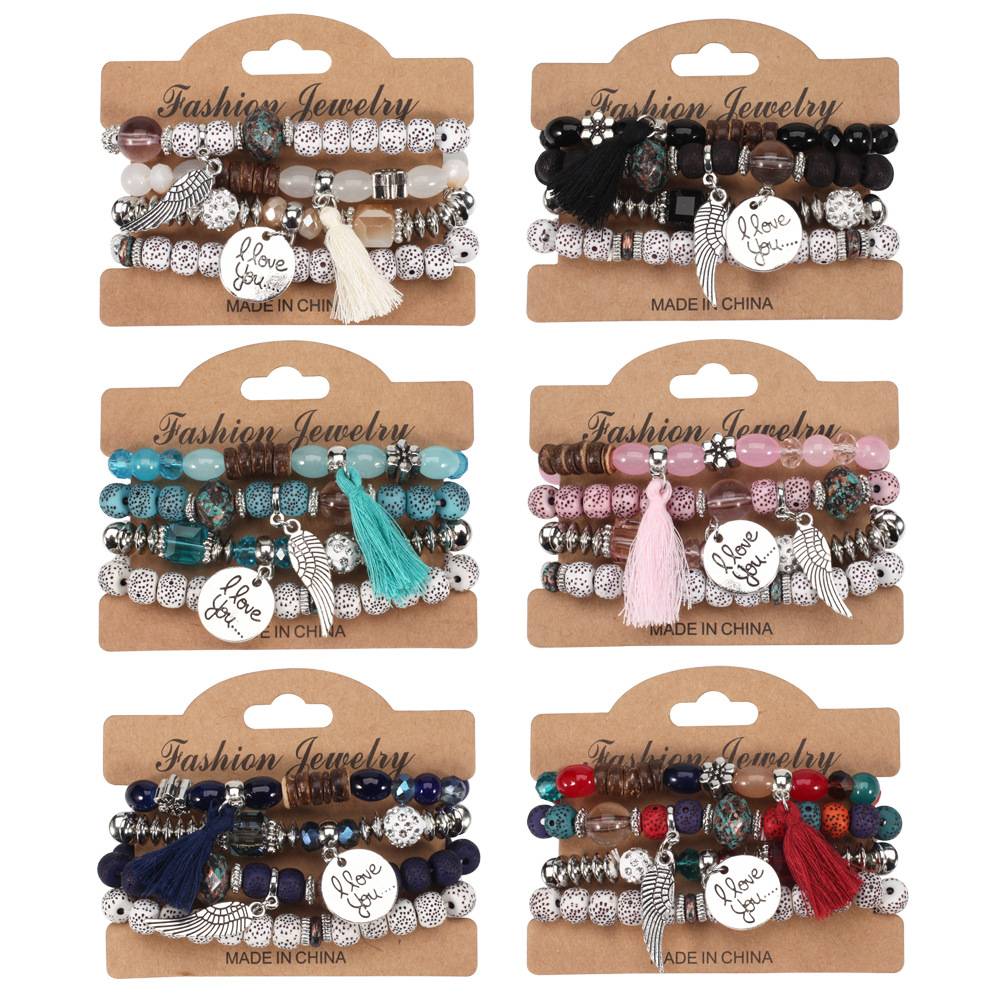 European and American Aliexpress Hot-Selling Bracelets with Wing Elements, Imitation Bodhi Beads, Bohemian Style Multi-Layered Bracelets for Cross-Border Sales