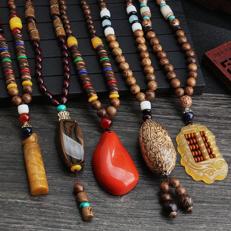 Men's and Women's Ethnic Style Necklaces, Retro Wooden Beads Sweater Chains, Long Bodhi Pendants, Versatile Clothing Pendants, Accessories Wholesale