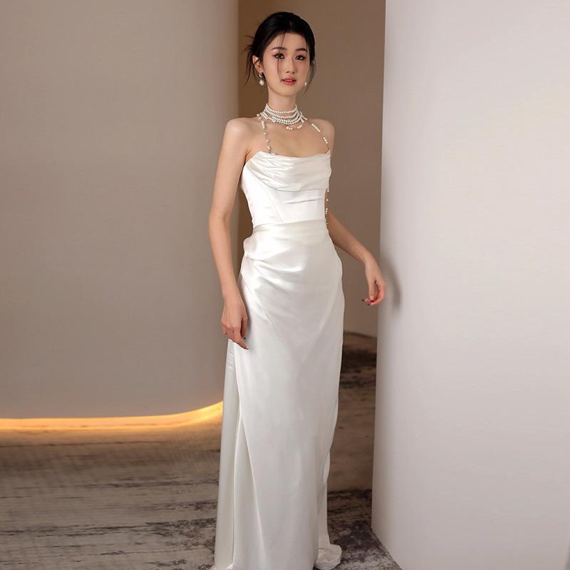 French Satin Light Wedding Dress Bride Simple White Strapless Mori Style Welcome Gauze Banquet Fishtail Dress