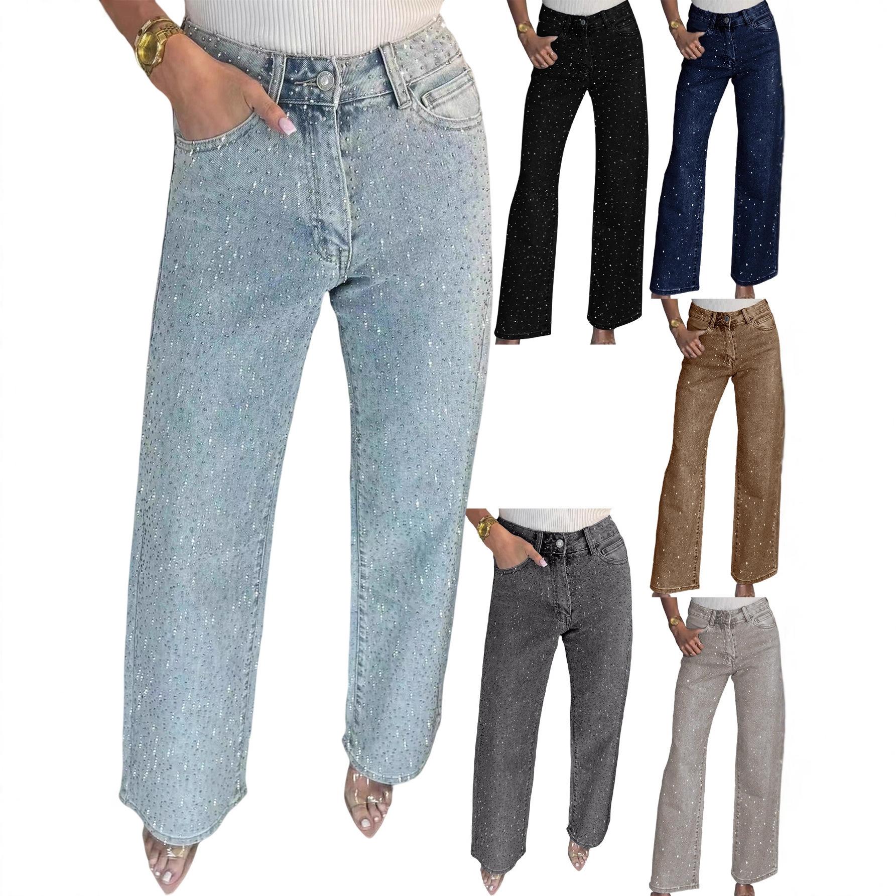 Foreign Trade European and American Amazon Women's Fashion Full Rhinestone Washed Denim Jeans, High-Waisted Straight-Leg Pants with a High-End Feel for Women, Trendy Long Pants