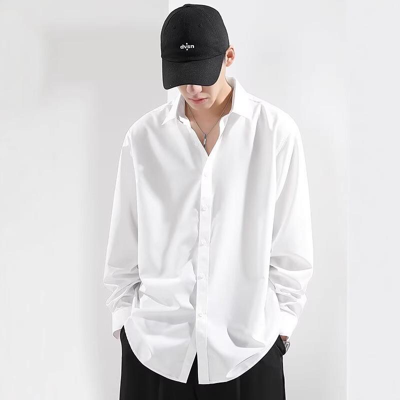 2025 Autumn Ice Silk Shirt Men's Long Sleeve White Casual Shirt Loose Large Size Drapey High-Quality Inch Shirt Thin Style