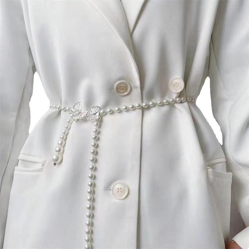 New online Red big small butterfly handmade pearl waist chain alloy fashion all-match dress suit girl thin belt