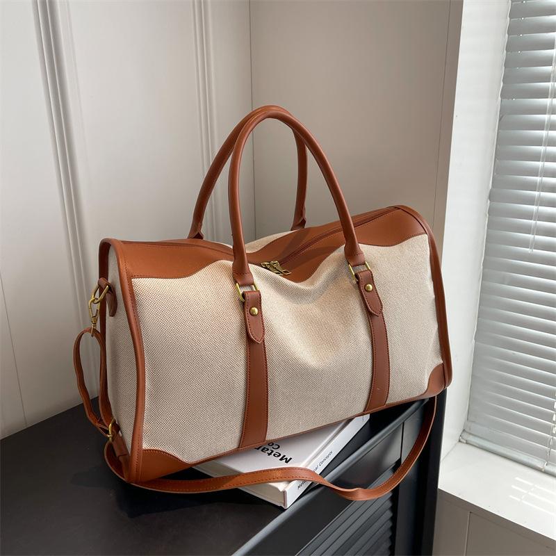 Cross-border retro women's handbag canvas travel luggage bag sports fitness short-distance large capacity contrast color travel bag