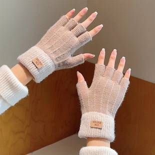 Half-Finger Woolen Gloves for Women in Winter, Simple and Thickeneded, Warm for Driving, Cycling, Writing and Office, Autumn and Winter Students with Exposed Fingers