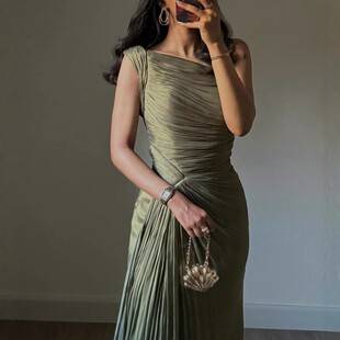 Autumn and Winter Cross-Border European and American Women's Clothing Independent Site Amazon Pleated Ribbon Sparkling Evening Dress