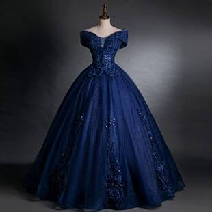 Evening Dress with Puffy Skirt and Colorful Tulle, One-Shoulder Design, Navy Blue, Suitable for Ballroom Performances, Available on Amazon for Cross-Border European and American Markets