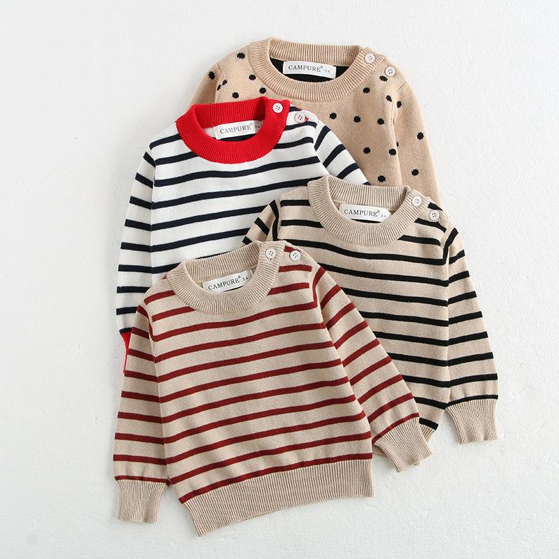 Korean Style Baby Knitted Sweater Boy and Girl Baby Round Neck Western Style Striped Wave Dot Base Shirt Newborn Cotton Top