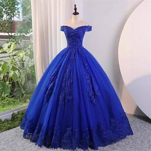 Blue Evening Dress European and American Style Amazon One-Shoulder Ball Gown with Appliqué Cross-Border Hostess Colorful Tulle Dress for Women