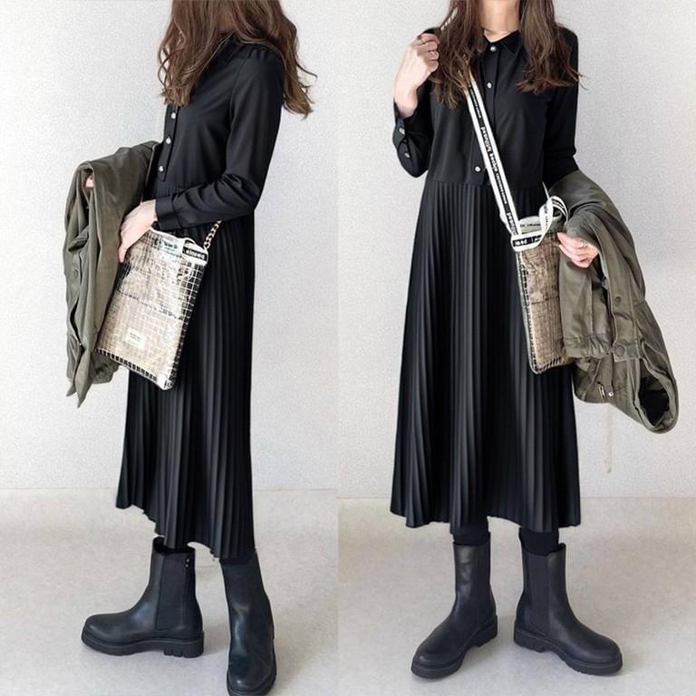 Japanese Style 2026 Autumn and Winter New Fold-Over Collar Half-Zip Pleated Patchwork Dress