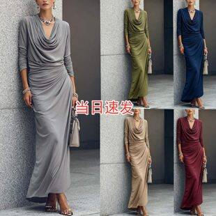 2026 New Drapey Long-Sleeve Dress with Elegant Waist-Cinching Pleats, European and American Style Commuting Dress for Women