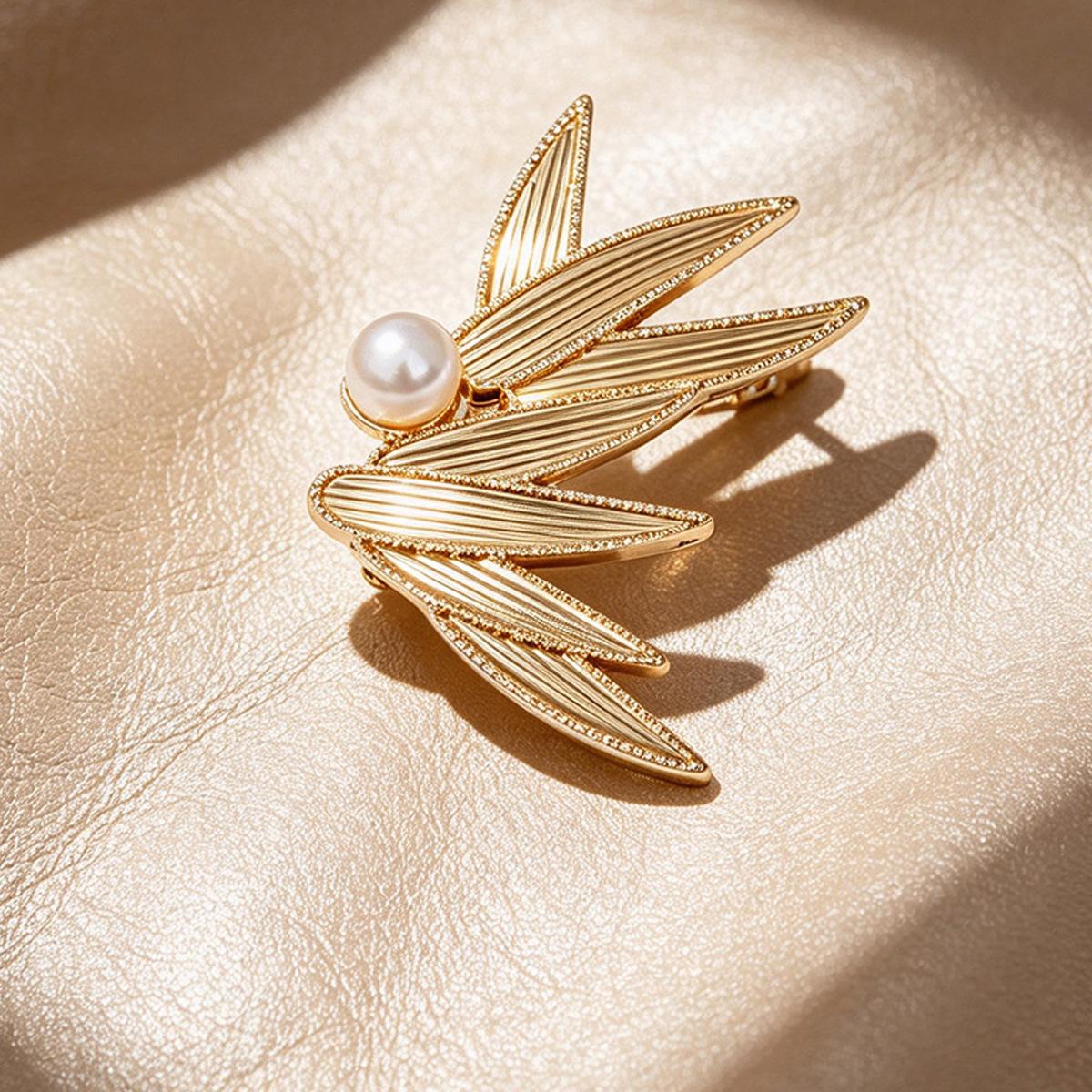 Mother-of-pearl DIY brooch, traditional craft, enamel base with jade accents, floral and bamboo design, available for wholesale