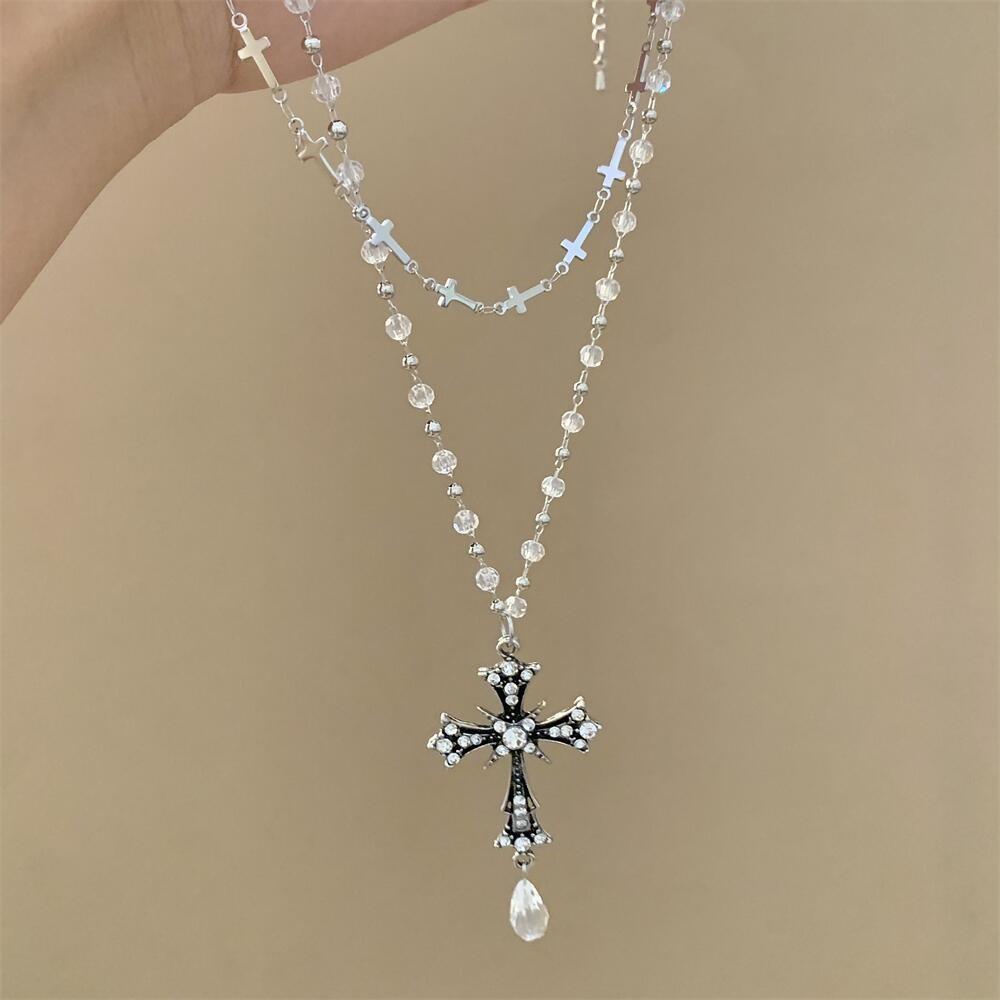 Sweet and Cool Girl Dark Cross Pendant Double-Layer Stacked Necklace Female Niche Stylish Elegant Versatile Clavicle Chain