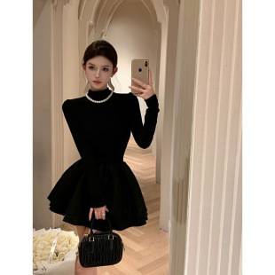 Black Half Turtleneck Knitted Dress for Women in Autumn and Winter, Waist-Cinching A-Line Tutu Skirt, Short Skirt with Bottoming Little Black Skirt