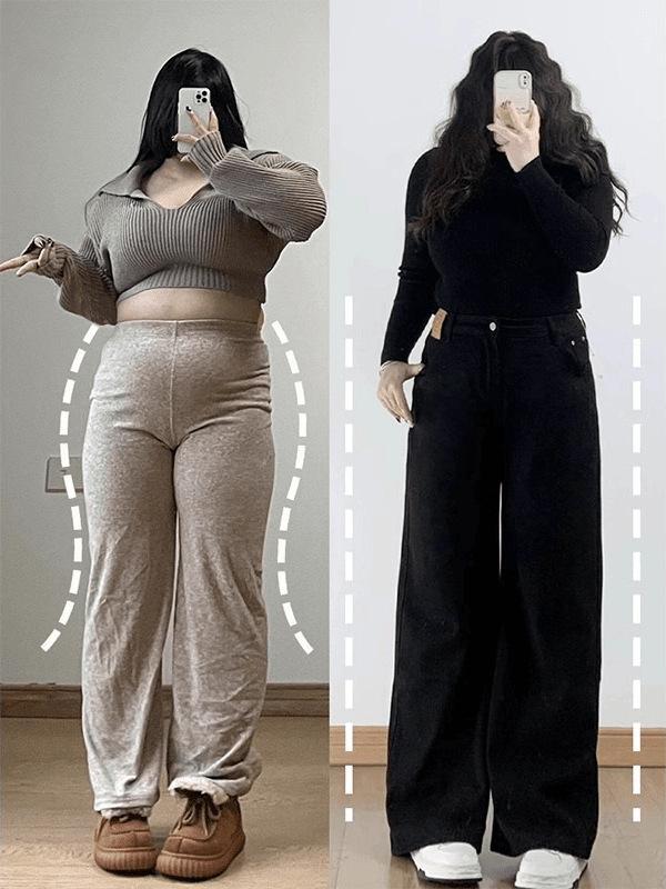 65.00 kg-150.00 kg Pear-Shaped Figure chubby girl Black Plus Size Jeans Women's Slimming High Waist Wide Leg Pants