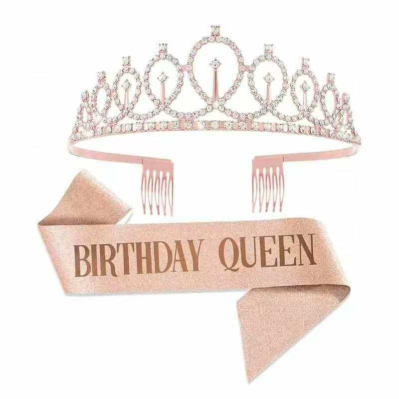 Cross-Border Exclusive Glitter Powder, Gold Foil, Diamond Birthday Sash, Girl Queen Crown Set for Birthday Party