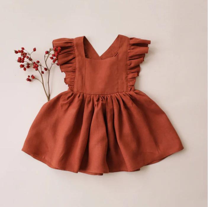 Ins Girls Linen Cotton Suspender Dress Retro Pure Color Baby Ruffle Skirt Spring and Summer Girls Holiday Dress