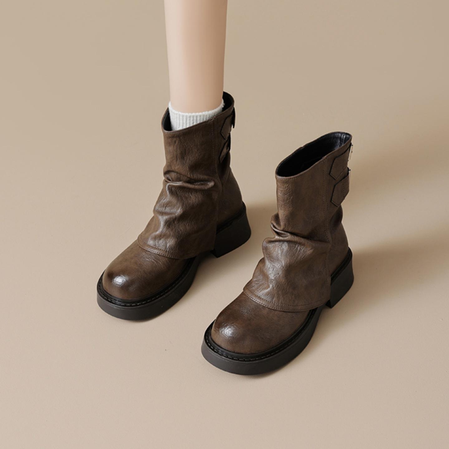 Melard Short Boots for Women 2026 New Spring and Autumn Thick-Soled Brown Stacked Boots British Style Martin Boots