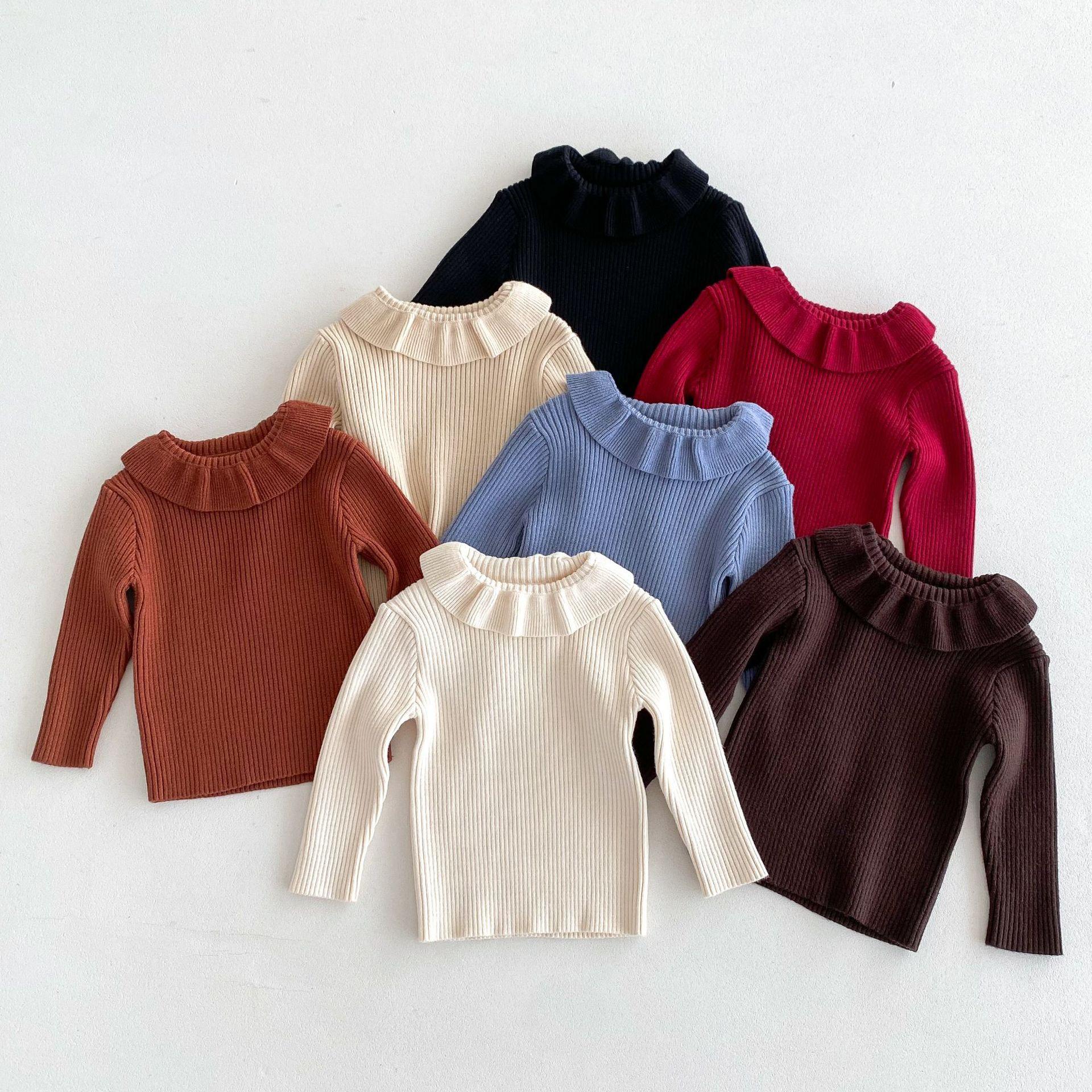 Autumn New Girls' Sweater Outer Wear Lapel Top for Baby Girls Solid Color All-match Autumn and Winter Bottoming Pullover Sweater