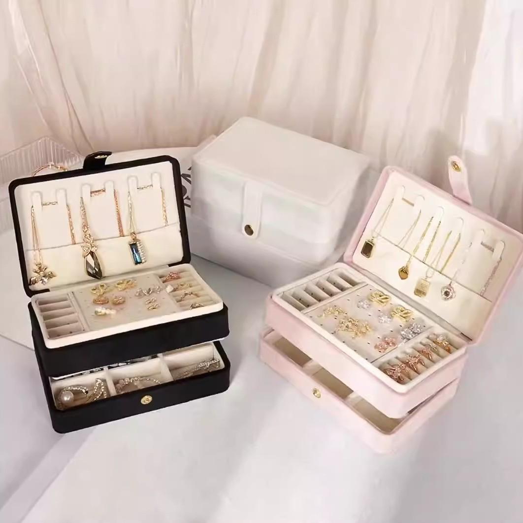 Cross-Border Double-Layer Jewelry Wooden Jewelry Box Velvet Earrings Storage Box Solid Wood Large Storage Jewelry Box