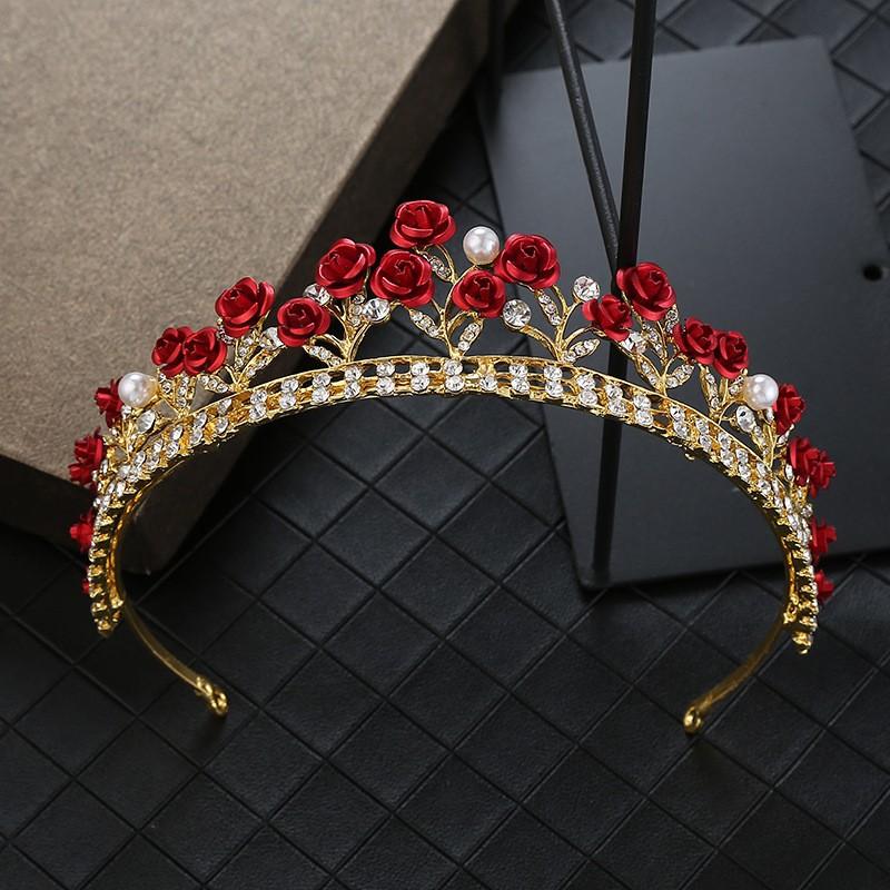 Bridal Crown Korean New Red Rose Crown Queen Wedding Dress Hair Tiara Girls Birthday Headband