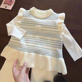 Girls' autumn and winter striped knitted vest, new winter style with ruffled trim, baby vest for layering with sweaters, for little girls