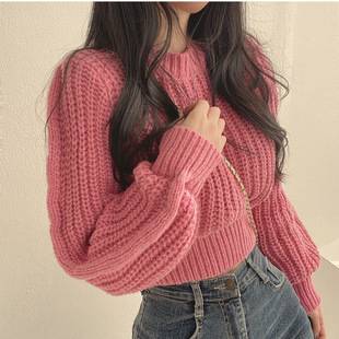 Korean version 2026 new style age-reducing pink puff sleeve soft sweater for women, autumn and winter fashion, mature lady style, loose pullover
