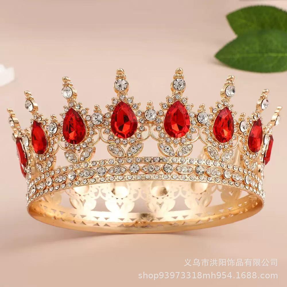 European and American Best-Selling Bridal Headwear, Baroque Round Crown with 16 Water Drop-Shaped Alloy Elements, Vintage High-End Feel, Beautiful Queen Crown