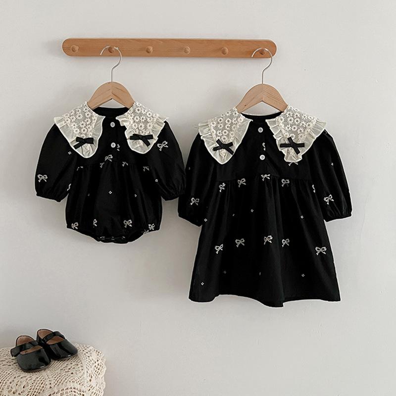 Korean Style Girl's Dress Spring and Autumn Long Sleeve Baby's Hapi Butterfly Collar Embroidered Dress for Women and Baby Sisters