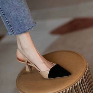 2024 New Summer Baotou Sandals French Color Matching Small Fragrance Pointed Toe High Heels One-Line Buckle Sandals Stiletto Heels
