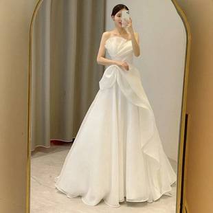 French-Style Strapless New Light Wedding Dress for Brides, Luxurious Travel Photography Simple White Gown, Outdoor Dress, Forest-Style Dress 117